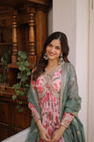 Designer Zari Sequins Embroidery With Printed Russian Silk Anarkali Suit