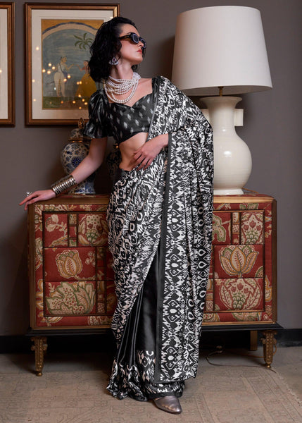 Phantom Black Patola Printed Satin Crepe Silk Saree