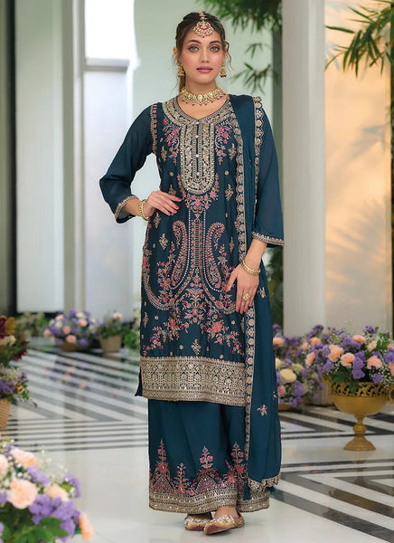 Gorgeous Turquoise Multi Embroidered Traditional Palazzo Suit - women's fashion mart