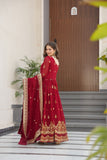 Luxury Faux Blooming Zari And Sequin Embroidered Designer Gown With Dupatta