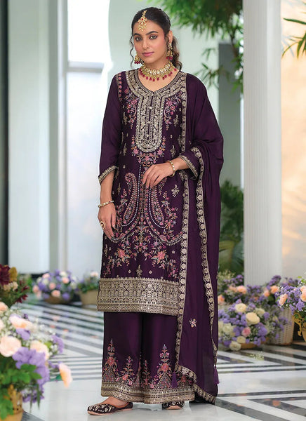 Dazzling Deep Purple Embroidered Traditional Palazzo Suit - women's fashion mart