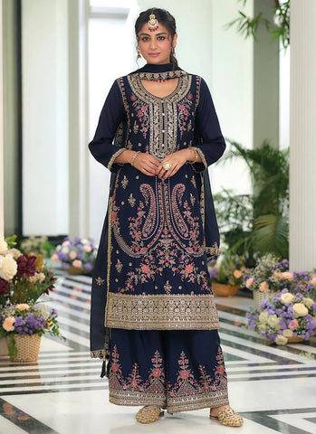 Classic Navy Blue Embroidered Traditional Palazzo Suit - women's fashion mart