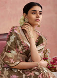 Brown Organza Printed Woven Worked Designer Saree - women's fashion mart