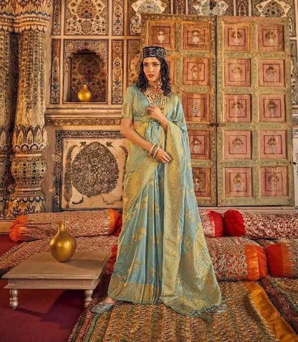 Precious Aqua Blue Georgette Silk Saree -Saree Unstitched women's fashion mart