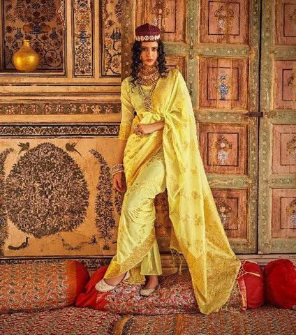 Blazing Yellow Georgette Silk Saree -Saree Unstitched women's fashion mart
