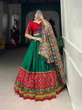 Green And Red Print With Mirror Lace Work Navratri Chaniya Choli  women's fashion mart