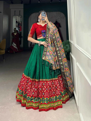 Green And Red Print With Mirror Lace Work Navratri Chaniya Choli  women's fashion mart
