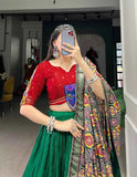 Green And Red Print With Mirror Lace Work Navratri Chaniya Choli  women's fashion mart