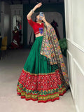 Green And Red Print With Mirror Lace Work Navratri Chaniya Choli  women's fashion mart
