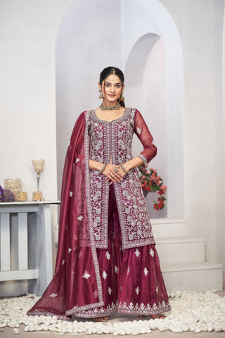 Purple Sequins Embroidered With Real Mirror Work Sharara Set Of 3 - women's fashion mart