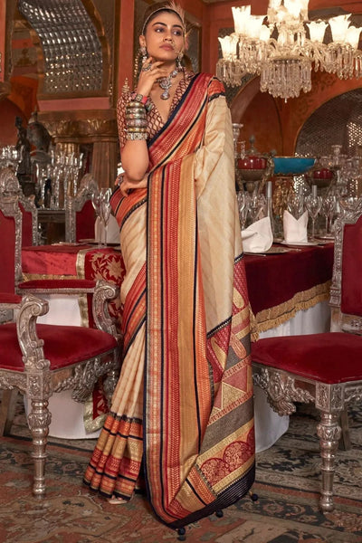 Charming Cream Kanjivaram and Patola Printed Silk Saree - women's fashion mart