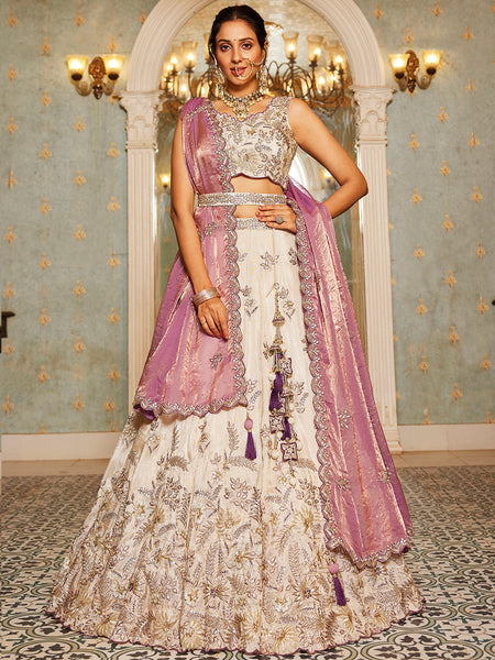 Beige Color Golden Sequined Using Thread,Coding & Zarkans Embroidered Viscos Semi-Stitched Lehenga choli with Contrast Dupatta  women's fashion mart