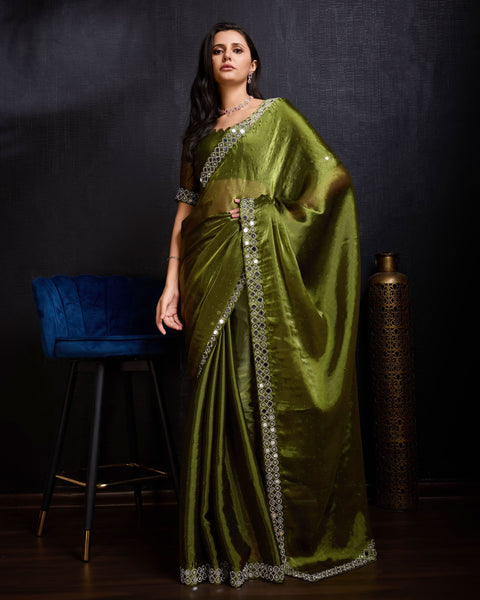 Mehendi green colour real mirror diamond work saree -Net Saree Green women's fashion mart