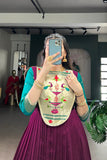 Wine Vichitra Silk Zari Woven Flared Dress With Lace Detailing