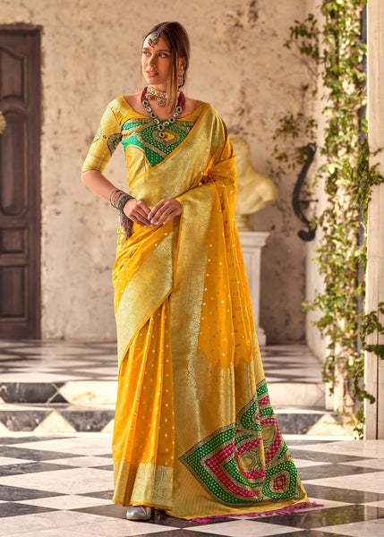 Vibrant Yellow Woven Banarasi Soft Silk Saree
