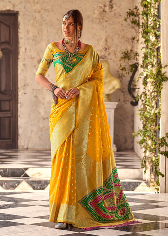 Vibrant Yellow Woven Banarasi Soft Silk Saree