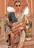 Deep Brown Printed Banarasi Soft Silk Saree With Digital Print