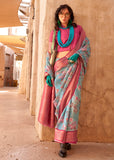 Aqua Blue Georgette Silk Saree With Floral Print