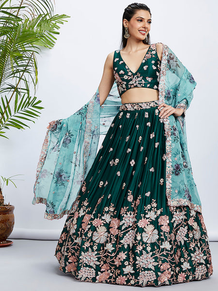 Georgette Golden Dull-Bright Sequin,Threaded Embroidered Semi-Stitched Lehenga choli  women's fashion mart