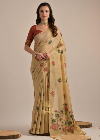 Chiku Beige Woven Cotton Silk Saree