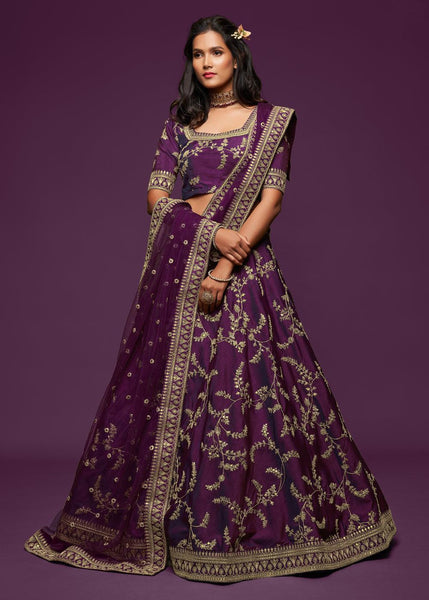 Royal Purple Georgette Embroidered Lehenga With Net Dupatta