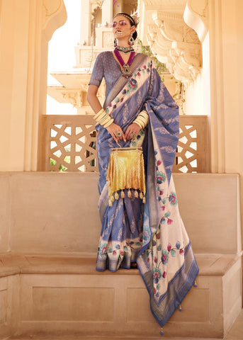 Dusky Purple Floral Printed Cotton Linen Saree