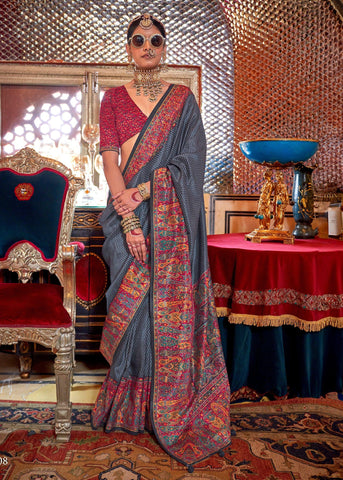 Fossil Grey Printed Kashmiri Jamewar  Saree