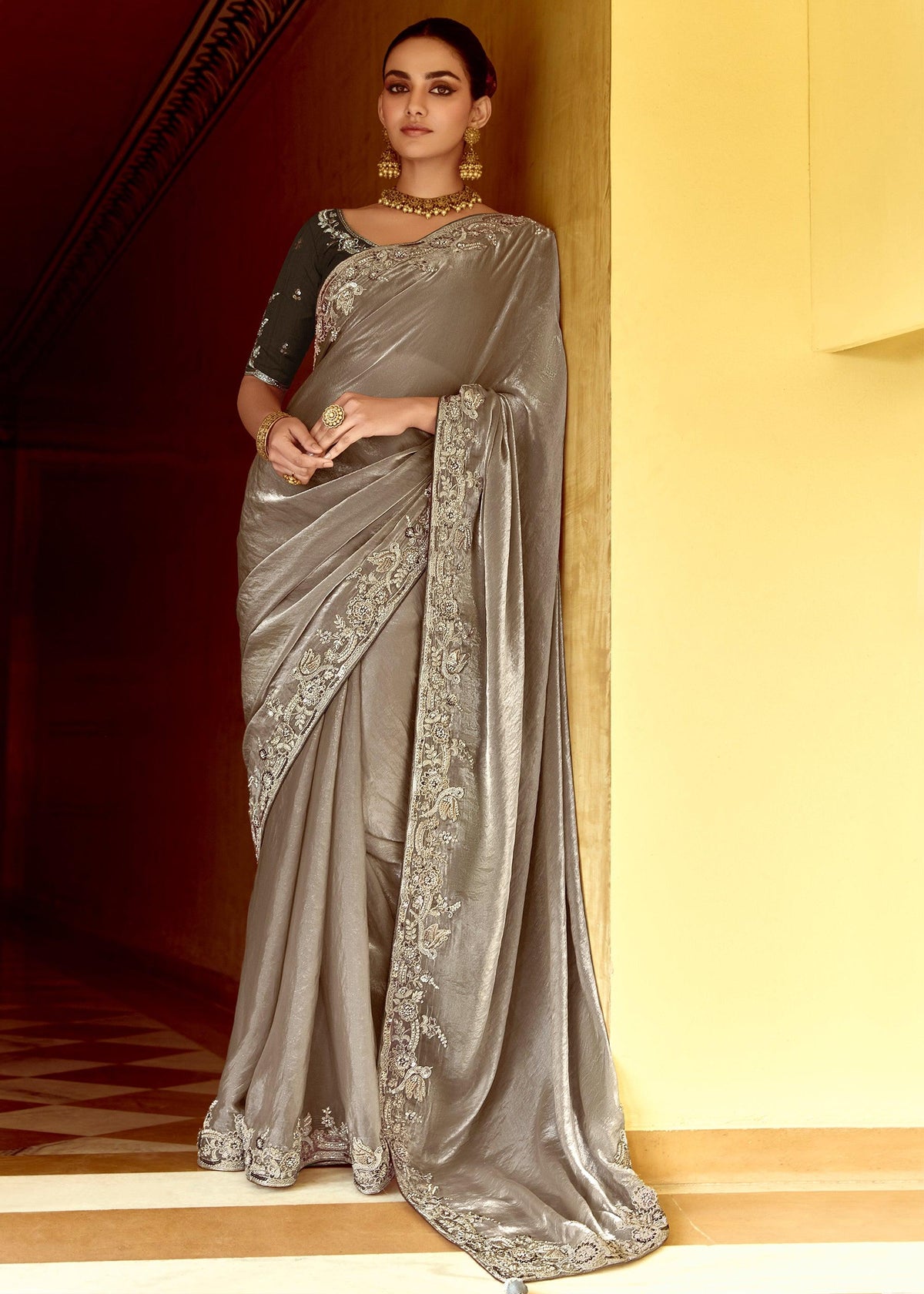 Silver Grey Heavy Embroidered Designer Silk Saree