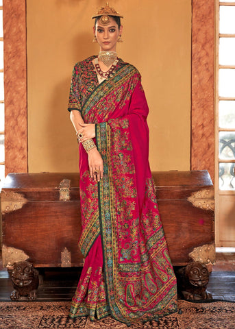 True Red Printed Kashmiri Jamewar Saree