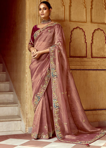 Mauve Brown Heavy Embroidered Designer Silk Saree