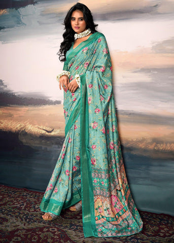 Mint Green Light Weight Cotton Silk Saree With Digital Print