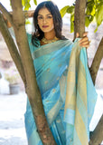 Aqua Blue Woven Cotton Silk Saree