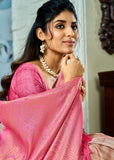 Beige And Pink Woven Banarasi Soft Silk Saree With Digital Print