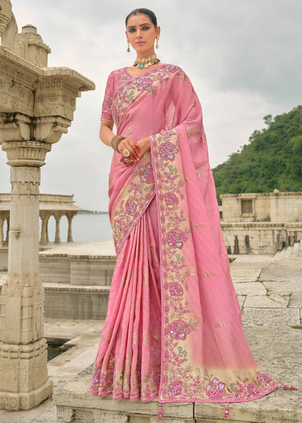Glory Pink Designer Embroidered Silk Saree
