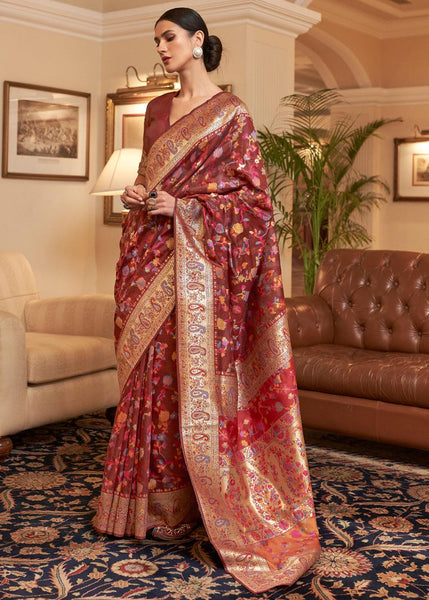 Multicolour Maroon Woven Jamewar Banarasi Saree