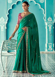 Alpine Green Designer Embroidered Silk Saree With Contrast Blouse