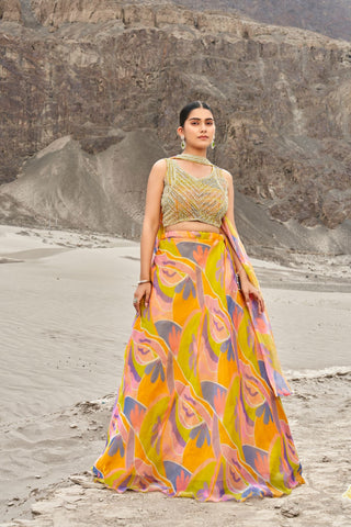 Yellow Digital Print With Khatli Work Lehenga Choli With Choker Style Dupatta - women's fashion mart