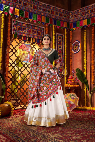Beautiful White Designer Silk Navratri Special Lehenga Choli Set