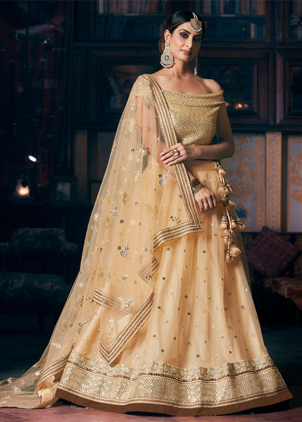 “Exclusive Offer” : Beige Georgette Embroidered Lehenga