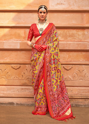 Yellow And Red Printed Patola Silk Saree