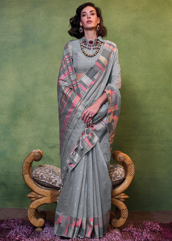 Steel Grey Woven Cotton Silk Saree