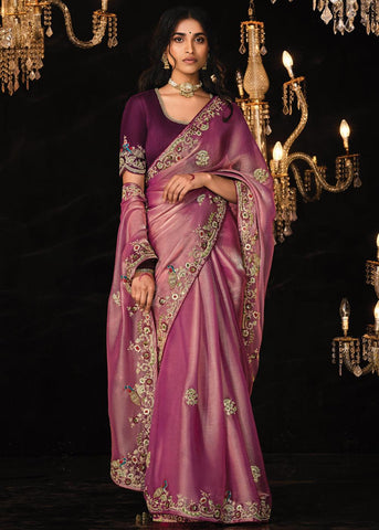Twinkle Purple Heavy Embroidered Designer Silk Saree With contrast Blouse