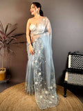 Sky Pearl Work Glass Organza Saree