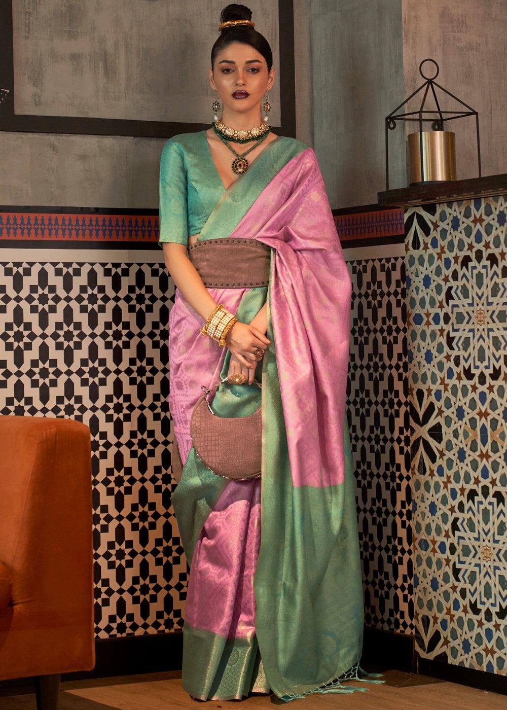 Lotus Pink And Green Woven Banarasi Silk Saree