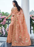 Coral Peach Heavy Embroidered Designer Silk Saree