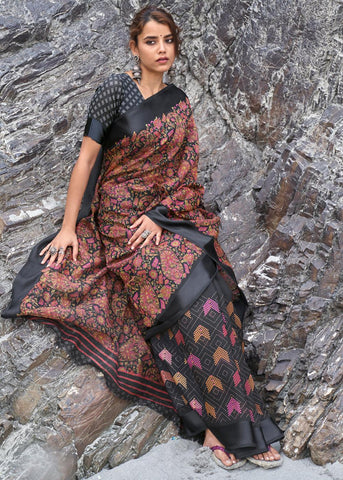 Caviar Black Floral Cotton Saree