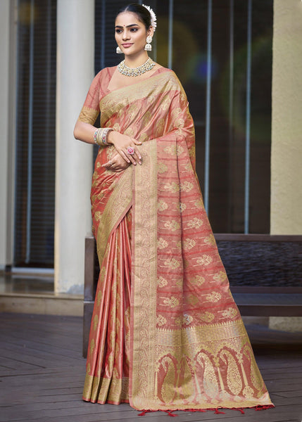Bloom Peach Woven Banarasi Silk Saree