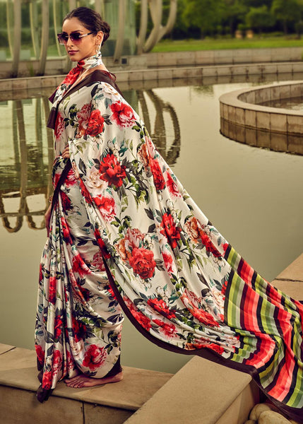 White And Red Satin Crepe Printed Silk Saree