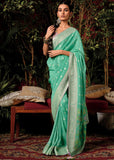 Aquamarine Green Woven Banarasi Silk Saree With Brocade Blouse
