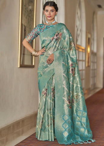 Turquoise Blue Woven Banarasi Tissue Organza Silk Saree With Digital Print